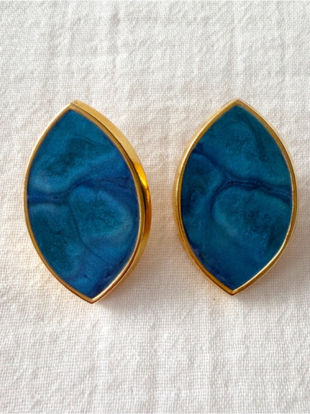Vintage Gold & Swirled Teal Enamel Leaf Shaped Clip-On Earrings